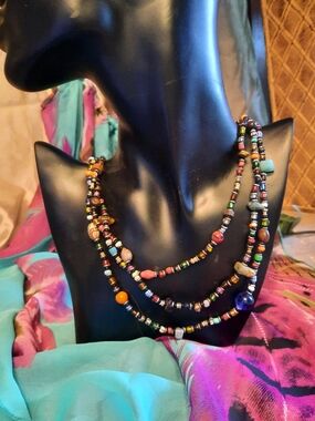 Boho Festival Vibe Multicolor Beaded Triple-Strand Multi-Media Necklace